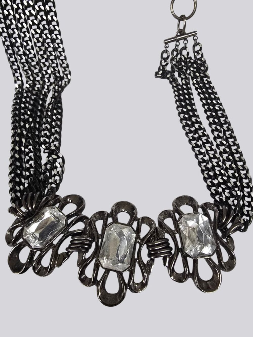 Vintage-Style Black Multi-Chain Necklace With Clear Rhinestone Accents - Picture 1 of 16